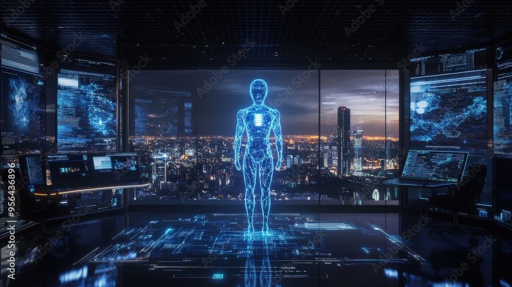 Poster a holographic representation of an advanced ai system stands in a high-tech office overlooking a vib