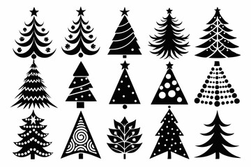 Christmas trees silhouettes set isolated on white background, collection of christmas new year trees vector icon illustration