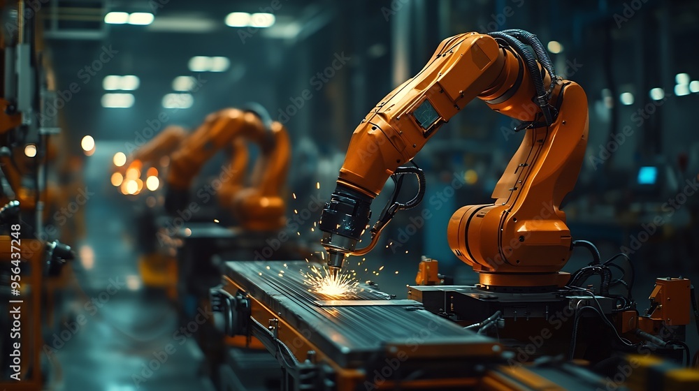 Aufkleber Engineers check and control welding robotics automatic arms machine in intelligent factory automotive industrial Digital manufacturing operation Industry 40 : Generative AI
