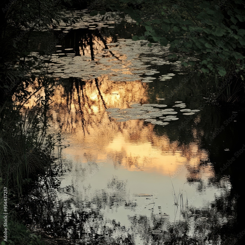 Wall mural A tranquil scene of a pond with water lilies reflecting the sunset sky.