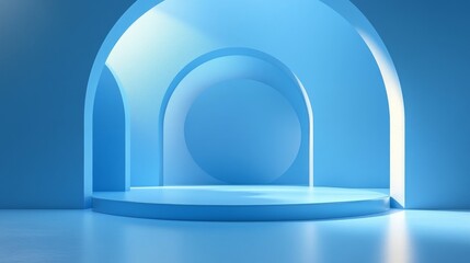 3D blue podium stand with circle glass backdrop is perfect for modern interior concept product display mockups. The stand is set on a floor and soft blue background
