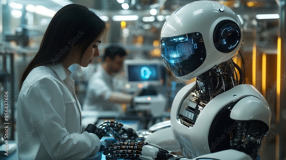 Fototapete xai mechanized industry robot and human worker working together in future factory concept of artific