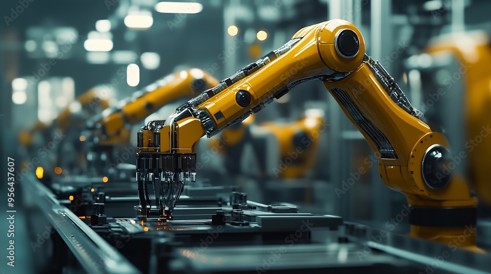Poster MLP Mechanized industry robot and robotic arms for assembly in factory production Concept of artificial intelligence for industrial revolution and automation manufacturing process : Generative AI