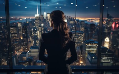 Generative AI of Young Woman Overlooking Night Cityscape: Empowered Entrepreneur's Vision, Futuristic Urban Skylines, and Corporate Ambition Unfolding
