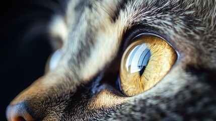 Close-up of a cat's eye, with a reflection of something in the pupil.