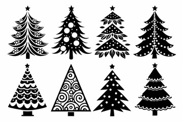 Christmas trees silhouettes set isolated on white background, collection of christmas new year trees vector icon illustration