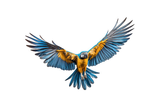 Blue and yellow macaw midflight with spread wings. Suitable for nature, wildlife, tropical bird, and freedom concept designs