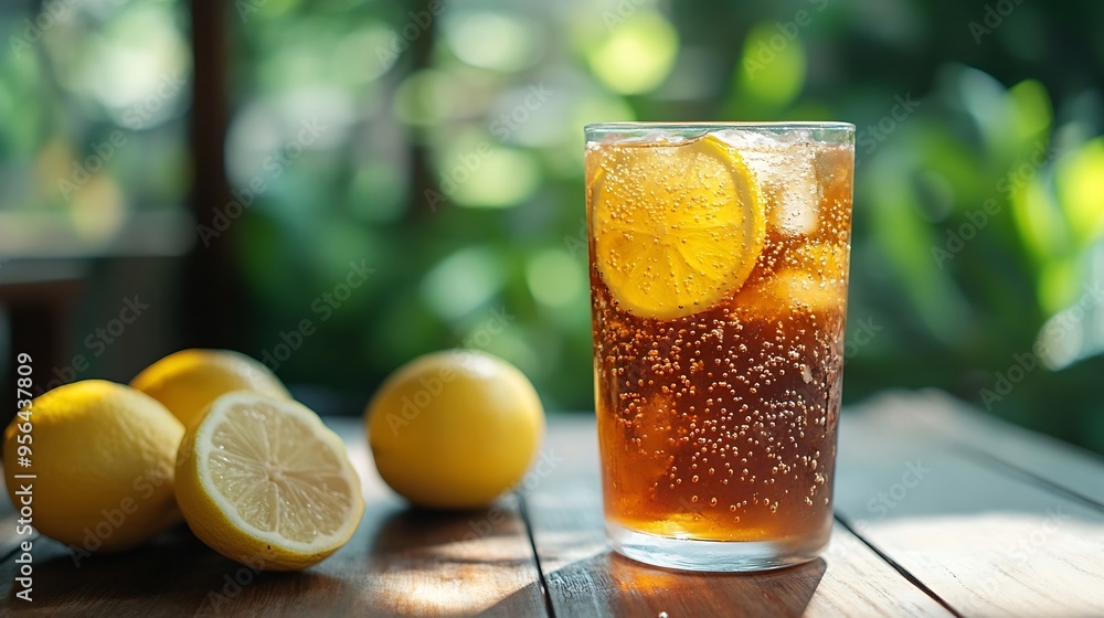 Poster plastic glass with ice tea and lemon on wooden table with green garden on the background : generativ