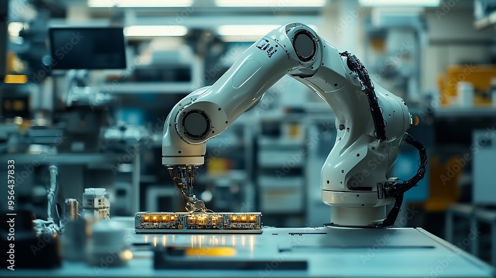 Poster Robotic maintenance engineer working on robot arm connection and monitoring control Professional technician industry 40 robotic engineering workshop in electronic futuristic manufactur : Generative AI