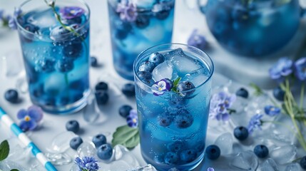 Cool blueberry beverage with ice and flowers closeup image. Blue drink served in clear glass complemented by floral garnish close up photography. Party mocktail concept photo realistic
