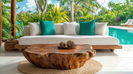 Obraz premium Elegant outdoor seating area featuring a cozy sofa, natural wood table, and lush tropical foliage by a tranquil pool.