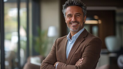 Fototapeta premium Confident Mature Businessman Smiling in Modern Office Environment with Arms Crossed