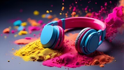 Headphone and vivid color powder. Creative music and festival concept. Generative Ai.