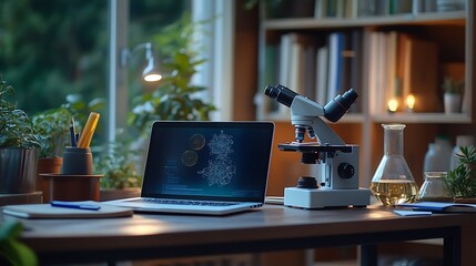 Science and chemistry student desktop with microscope books and laptop : Generative AI