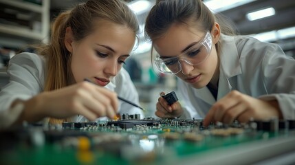 Fototapeta premium Two female engineers working with computer chips in electronics lab : Generative AI