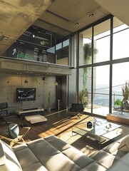 Illustration of A sleek, modern office space where executives discuss carbon credit investments, with a digital screen showcasing fluctuating values, blending environmental responsibility with economi
