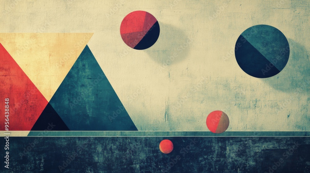 Poster geometric shapes in various sizes and colors floating on a textured background, modern and stylish