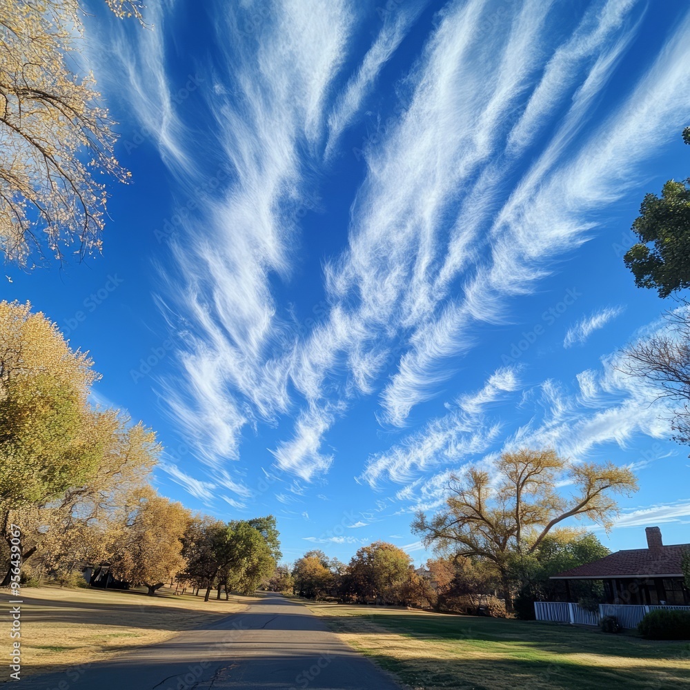 Sticker A tree-lined road stretches beneath a brilliant blue sky, adorned with feathery white clouds.