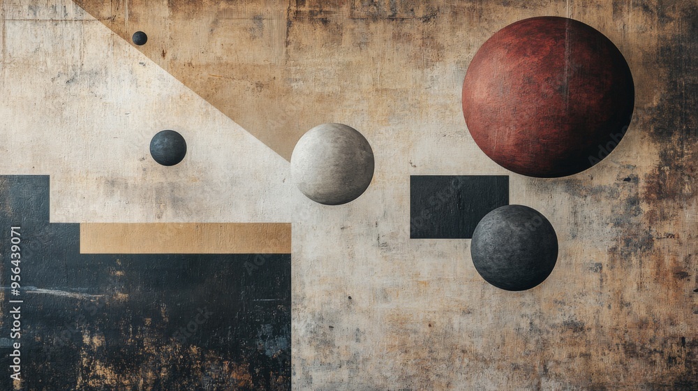 Poster geometric shapes in various sizes and colors floating on a textured background, modern and stylish