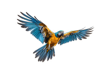 Fototapeta premium Blue and yellow macaw midflight with spread wings. Suitable for nature, wildlife, tropical bird, and freedom concept designs