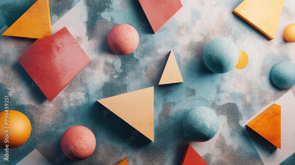 Poster geometric shapes in various sizes and colors floating on a textured background, modern and stylish
