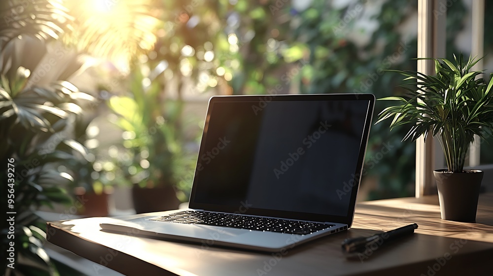 Poster laptop on a desk in a home office with beautiful window light : generative ai