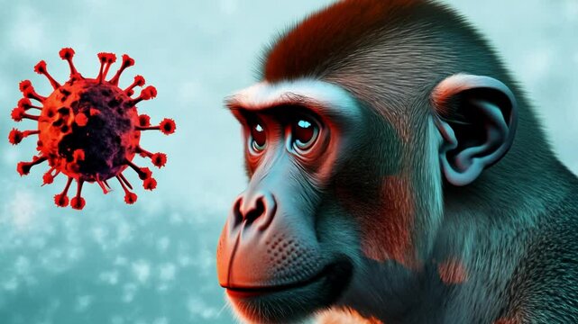  close-up of a monkey examining a large virus particle, representing the concept of monkeypox and its impact on animals. visual emphasizes  between wildlife and viral diseases. Copy space