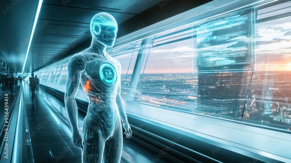 Aufkleber an advanced ai system, designed with glowing circuitry, stands in a sleek corridor overlooking a vib
