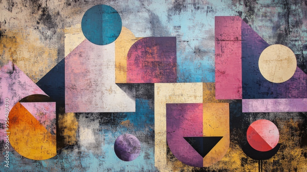Poster geometric shapes in various sizes and colors floating on a textured background, modern and stylish