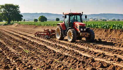 Fototapeta premium Tractor Labouring in Scenic Farmland