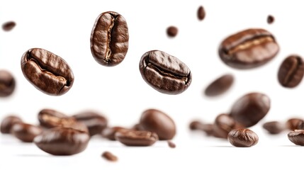 Close-up of roasted coffee beans falling against a white background.