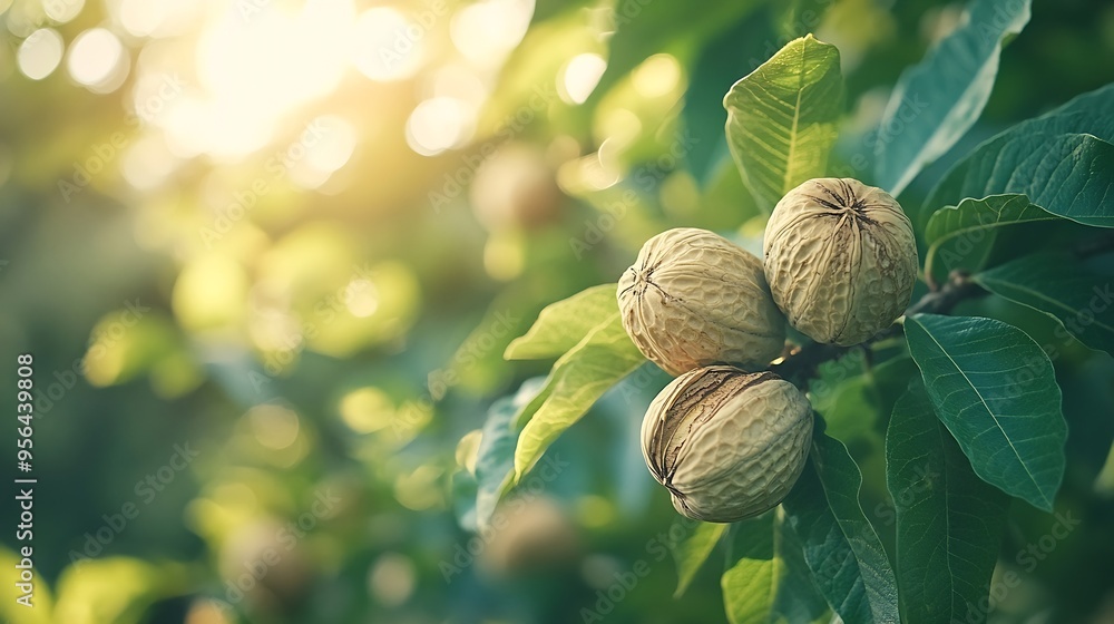 Aufkleber Walnut tree with big nuts in green shell close up harvesting time : Generative AI