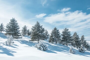 Obraz premium A serene winter landscape featuring snow-covered trees under a clear blue sky.
