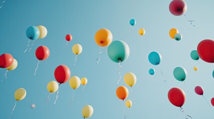 A vibrant collection of colorful balloons float against a clear blue sky, creating a cheerful and celebratory atmosphere.