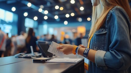 Process of checking in on a conference congress forum event registration desk table visitors and attendees receiving a name badge and entrance wristband bracelet and register electroni : Generative AI