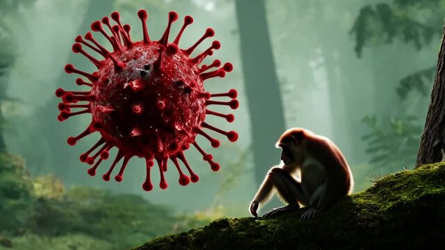 Concept of monkeypox represented by a monkey in the forest and a macro virus particle, creating a dramatic visual narrative.