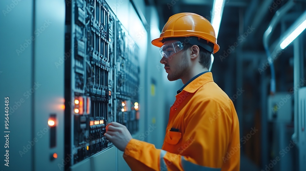Poster professional electrical engineer in safety uniform working at factory server electric control panel 