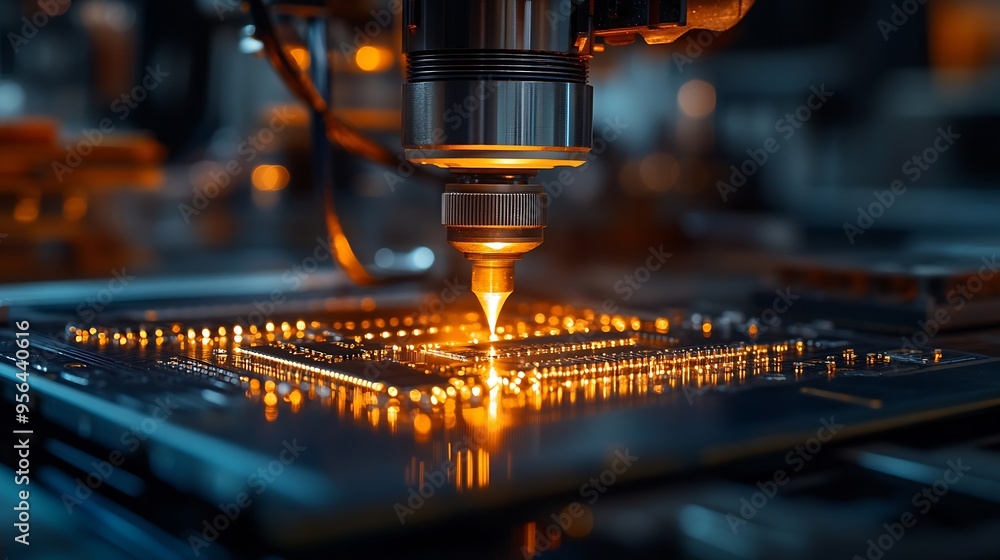 Poster Production of digital boards Semiconductor manufacturing machine Robot creates microprocessor Industrial equipment for creating microboards PCB soldering machine Manufacturing of digit : Generative AI