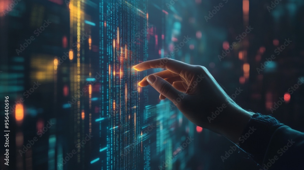 Poster hand adjusting a virtual bar graph, with data points floating in the air, futuristic concept
