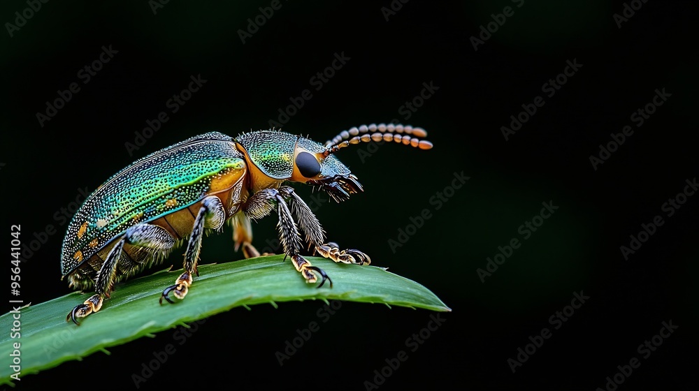 Poster silver green leaf weevil phyllobius argentatus beetle sitting on grass stem with black background an