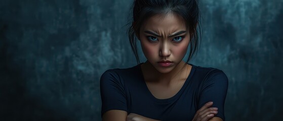 Asian woman with a stern face, crossing her arms, dark and moody background, anger mixed with determination