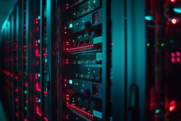 Fototapeta premium Server room interior in datacenter, camera zoomed in on a specific server's blinking lights