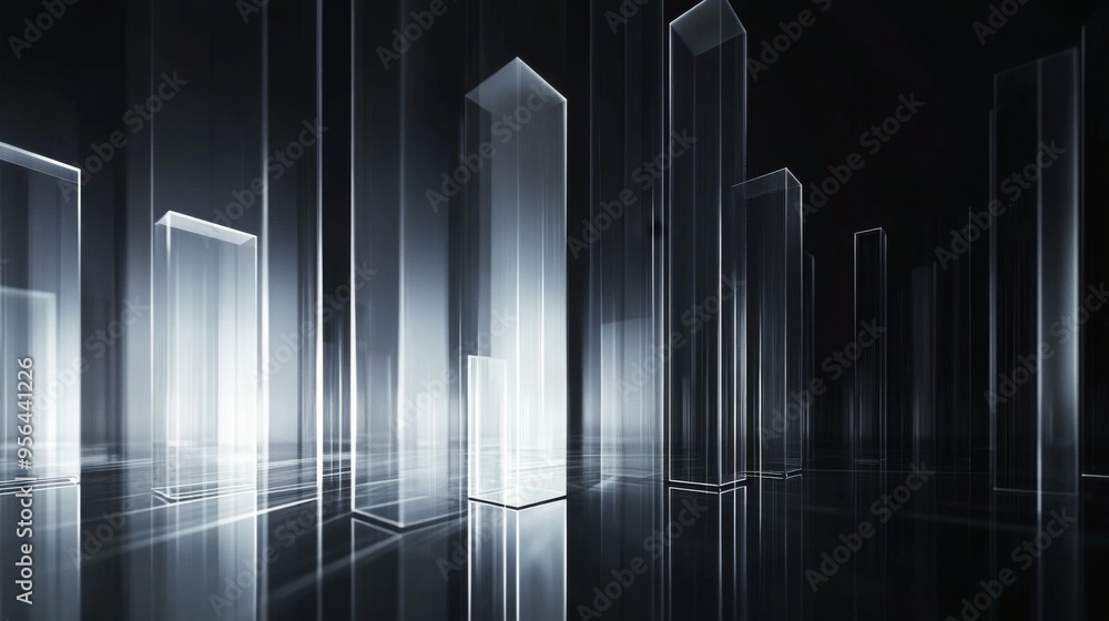 Poster High-tech bar graph made of transparent glass bars with light reflections, minimalist background