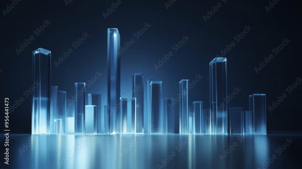 Poster high-tech bar graph made of transparent glass bars with light reflections, minimalist background