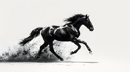 Fast galloping black and white horse casting shadow while art minimalist. silhouette concept