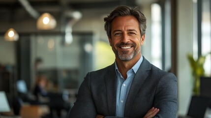 Fototapeta premium Confident Businessman Smiling in Modern Office Environment with Arms Crossed