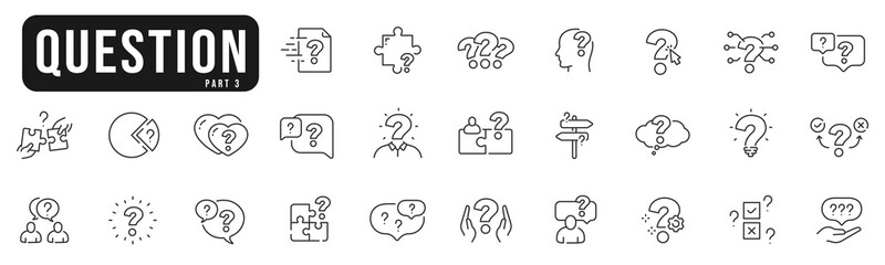 Question mark line icon set. Ask, help, speech, answer, chat etc. Editable stroke. Part 3