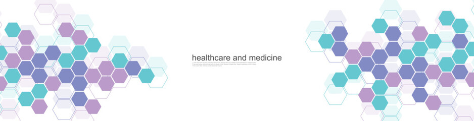 Health care abstract background with hexagons, lines and dots. Medical innovation banner template concept. Biology and pharmaceutical technology background. Vector illustration.