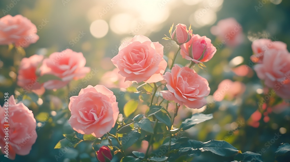Poster it is close up view of rose bush there are the roses in shadow park it is garden in sunny midday it 
