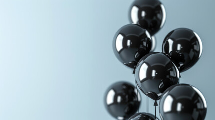 Fototapeta premium The Black Friday concept. A festive atmosphere. A bunch of black balloons on a gray background. Balloons sparkle and reflect light